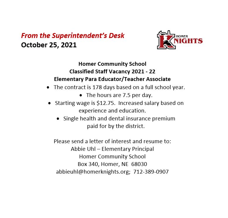 Homer Community Schools Para Position Opening