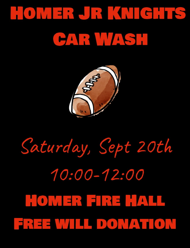 Jr Knights Car Wash Fundraiser on September 20th from 10-12 at the Fire Hall