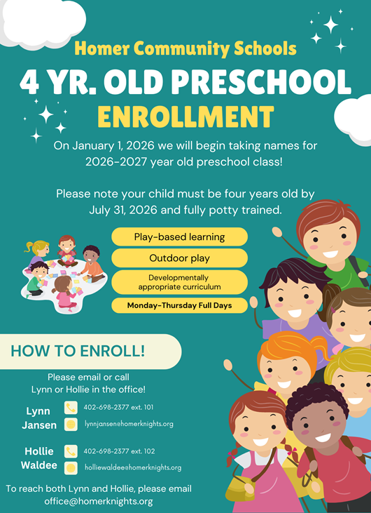 4 year old preschool info. Please contact the office for more info. 402-698-2377 ext101